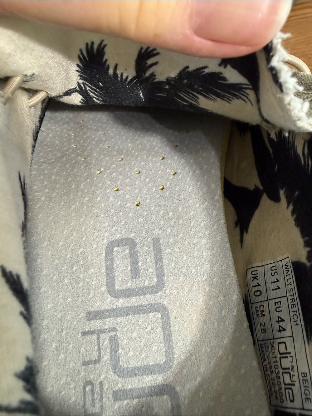 Hey Dude Wally Stretch size 11, outer gray. Inside Black Palm Trees on Beige - Picture 10 of 11